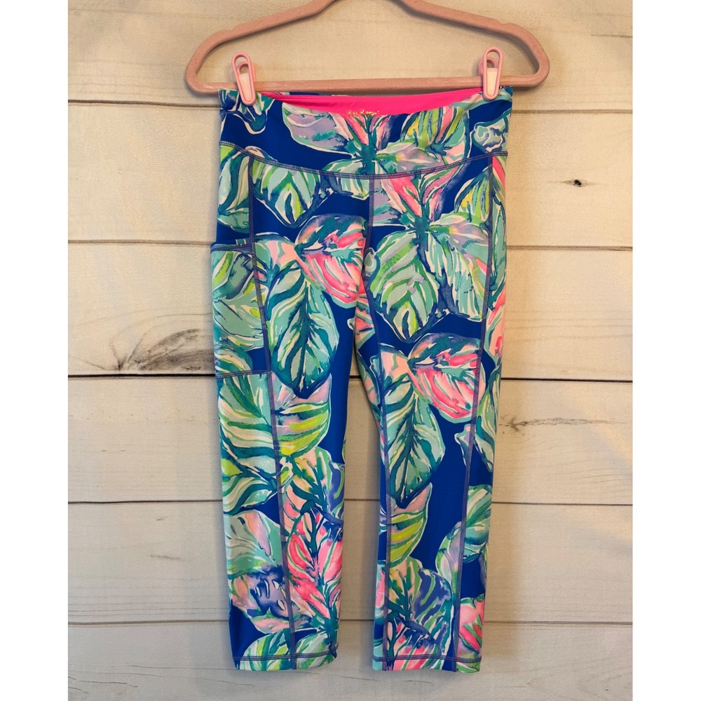 Lilly Pulitzer Luxletic Aqua La Vista Tropical Leaf Crop Leggings Blue Medium